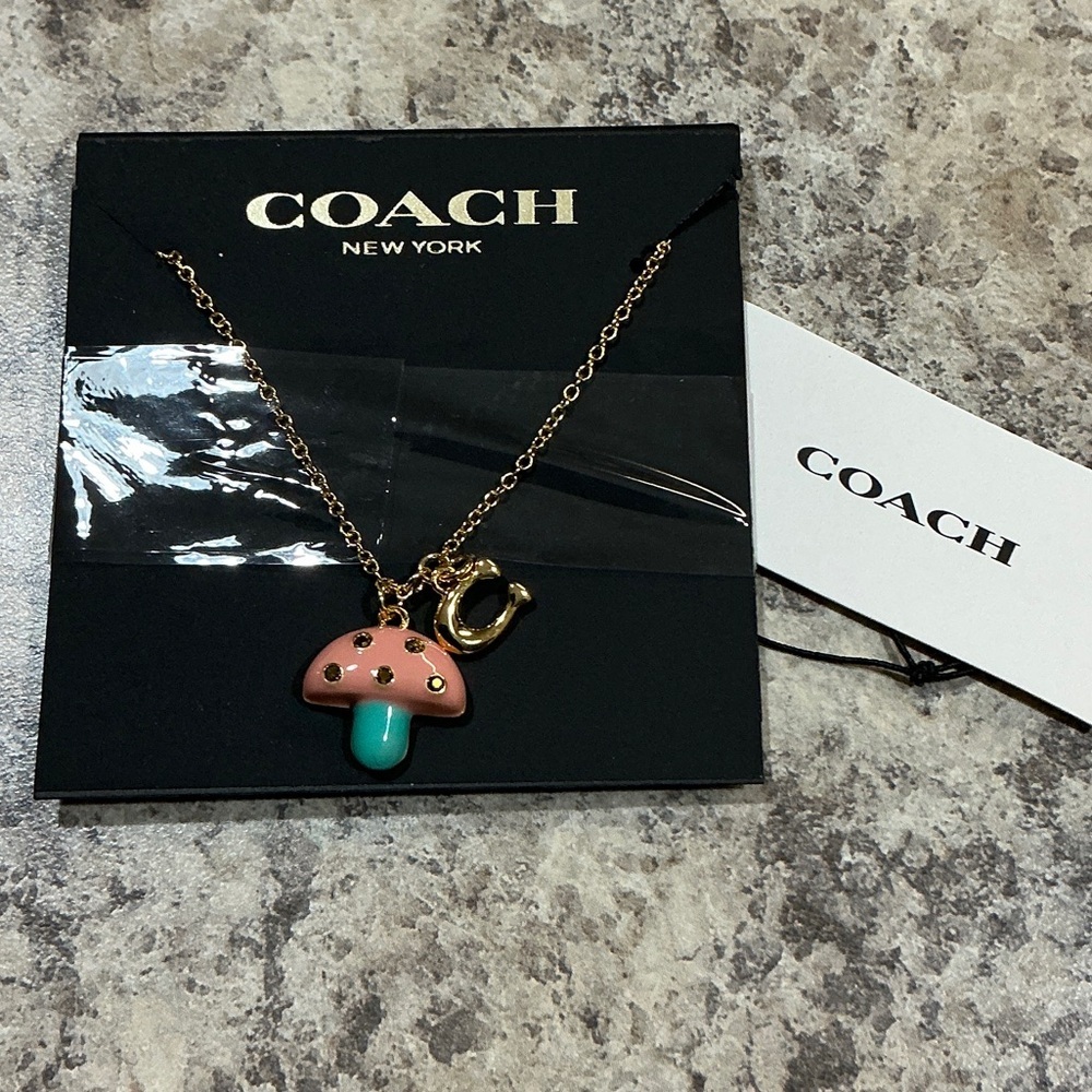 Coach Pink & Turquoise Enamel Mushroom Charm Necklace